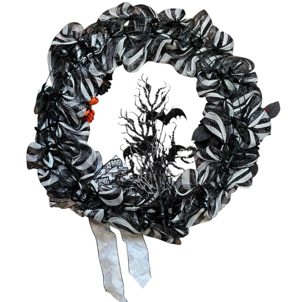 Black & White Striped Halloween Mesh Wreath Orange Flowers, BOO Bow & Bats 24